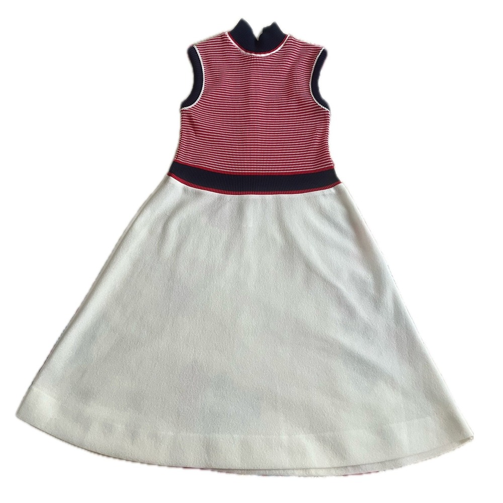 Vintage Nautical Red White Blue Striped Sleeveless A-Line Dress Mock Neck Size S